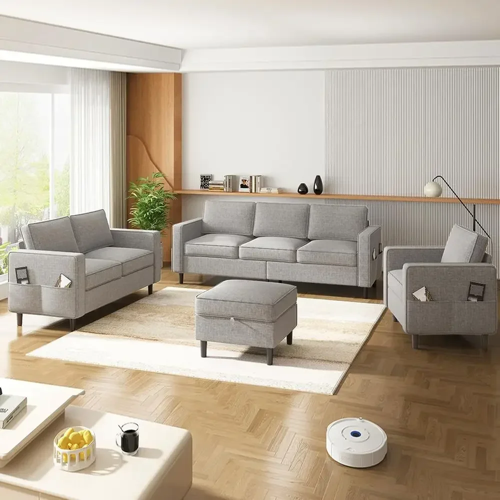 3-Piece Linen Sofa Set: 3-Seater with Ottoman, Loveseat, and Armchair in Light Grey
3-Piece Linen Sofa Set: 3-Seater with Ottoman, Loveseat, and Armchair in Light Grey