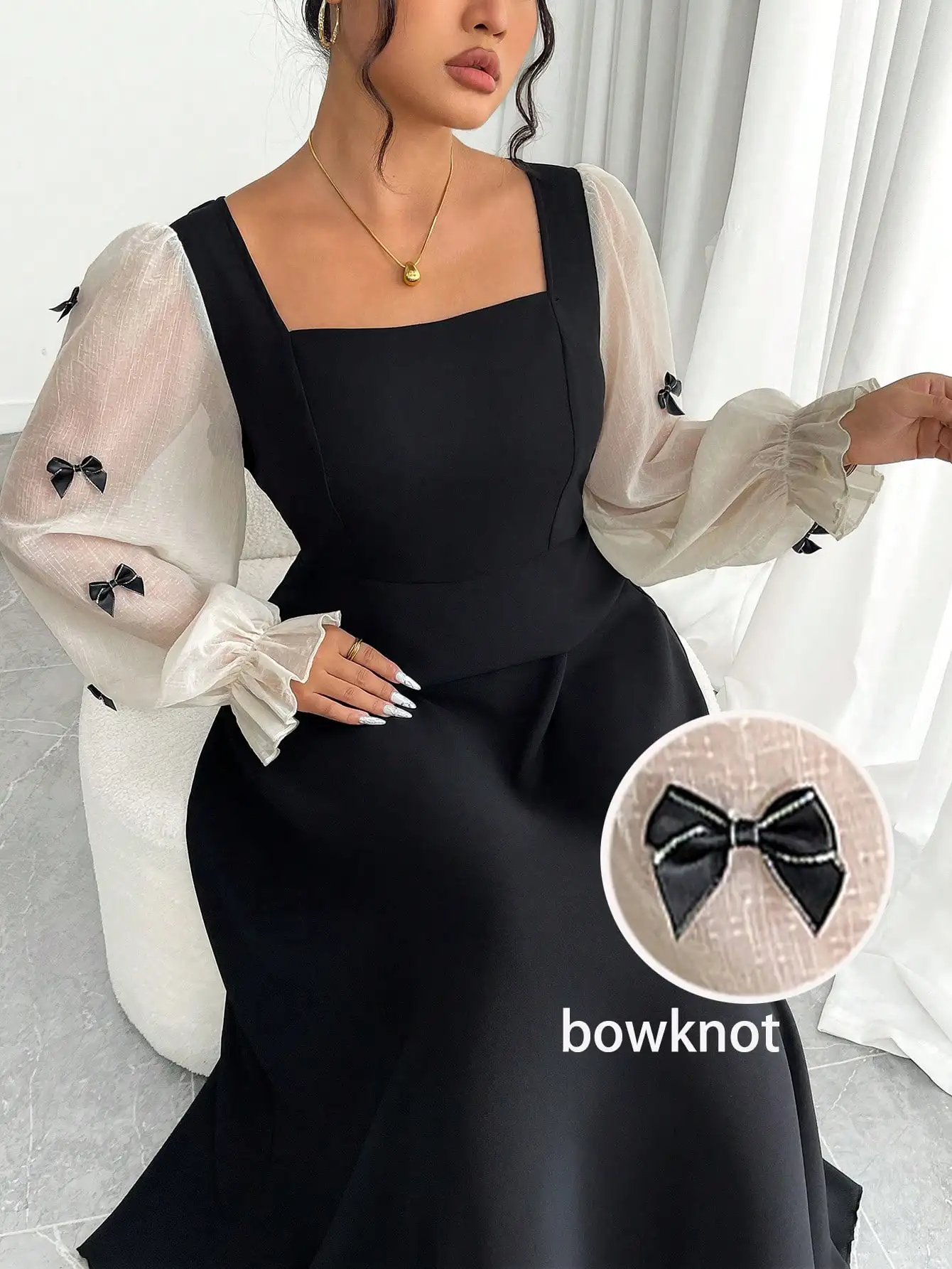 Elegant Black Bowknot Mesh Long Sleeve Plus Size Dress For Women
Elegant Black Bowknot Mesh Long Sleeve Plus Size Dress For Women