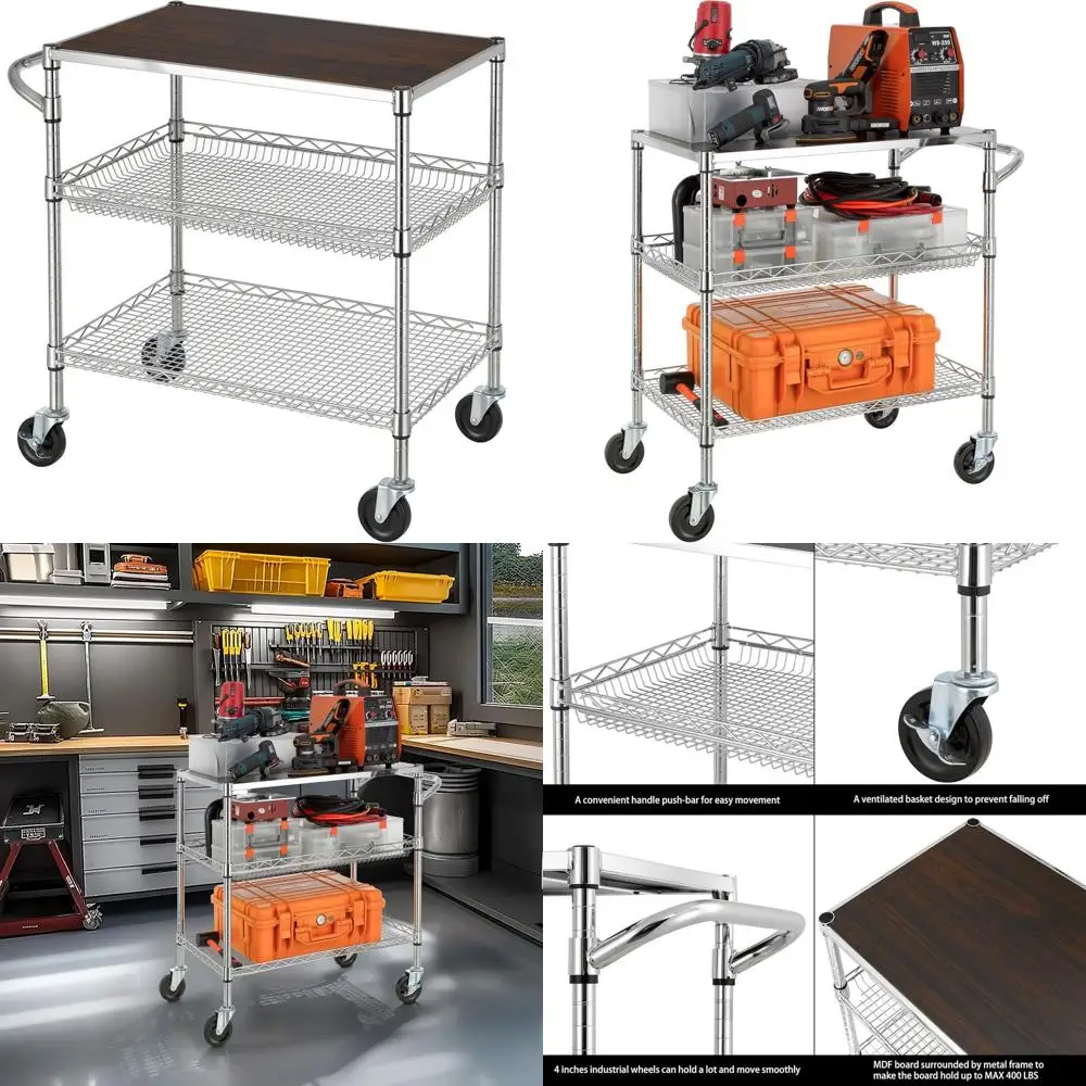 Прочная трехъярусная универсальная тележка с деревянной столешницей, хромированная отделка, вместимость 600 фунтов, кухонная тележка на колесиках
Прочная трехъярусная универсальная тележка с деревянной столешницей, хромированная отделка, вместимость 600 фунтов, кухонная тележка на колесиках