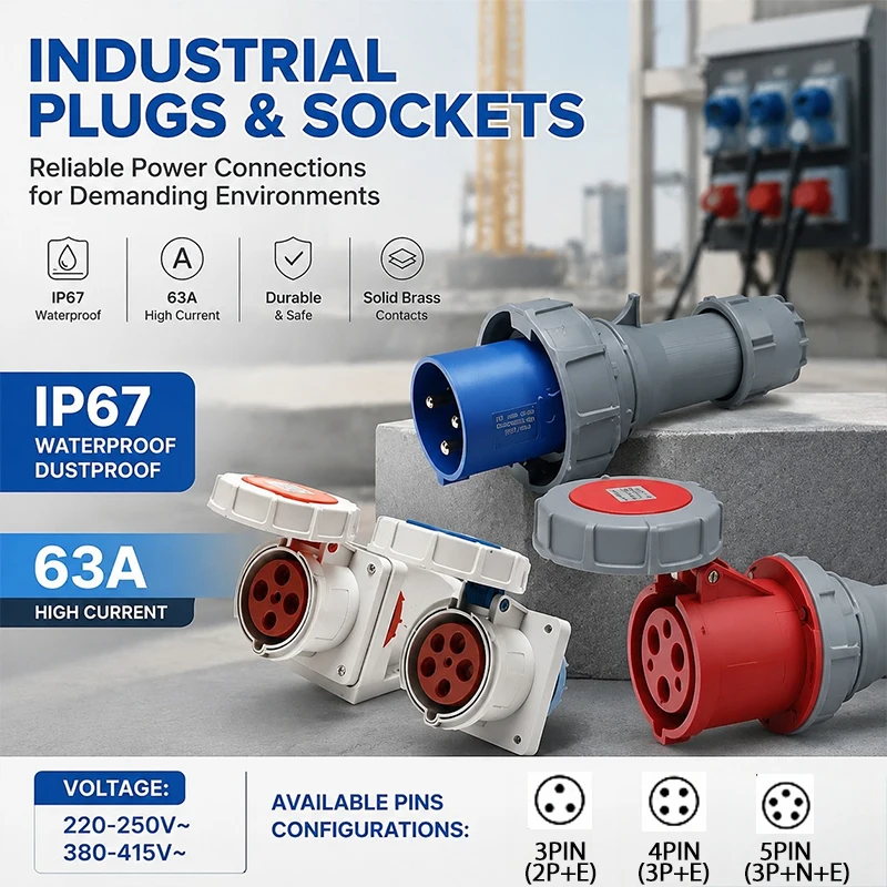 63A IP67 Waterproof Industrial Power Connector – 3P/4P/5P 415V CEE Plug & Receptacle, Heavy Duty Copper Contacts for Factory
63A IP67 Waterproof Industrial Power Connector – 3P/4P/5P 415V CEE Plug & Receptacle, Heavy Duty Copper Contacts for Factory