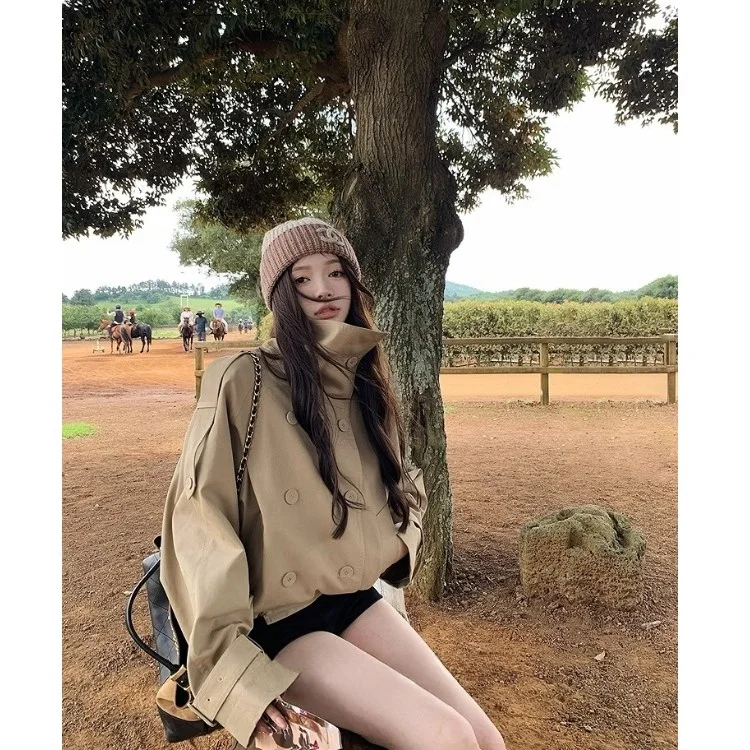 British Style Short Coat Jacket Women's Casual Stand Collar Double Button Loose Outerwear Top for Autumn Season Polyester Fiber
British Style Short Coat Jacket Women's Casual Stand Collar Double Button Loose Outerwear Top for Autumn Season Polyester Fiber