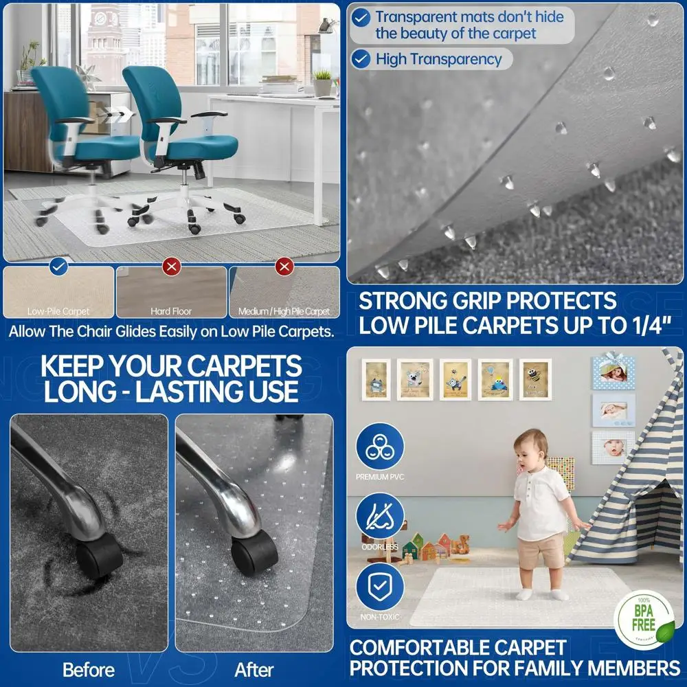 Large Clear Desk Chair Mat, 53 x 45, Anti-Slip Floor Protector for Low Pile Carpets, Easy Glide
Large Clear Desk Chair Mat, 53 x 45, Anti-Slip Floor Protector for Low Pile Carpets, Easy Glide