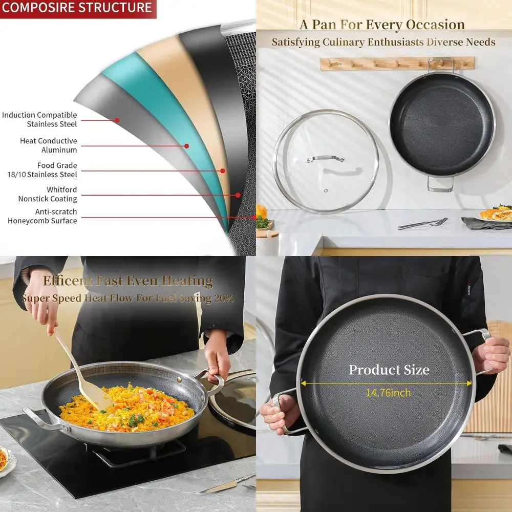 14 Inch Tri-Ply Stainless Steel Paella Pan with Lid, Nonstick and Induction Compatible, Perfect for Large Paella Parties Indoor
14 Inch Tri-Ply Stainless Steel Paella Pan with Lid, Nonstick and Induction Compatible, Perfect for Large Paella Parties Indoor