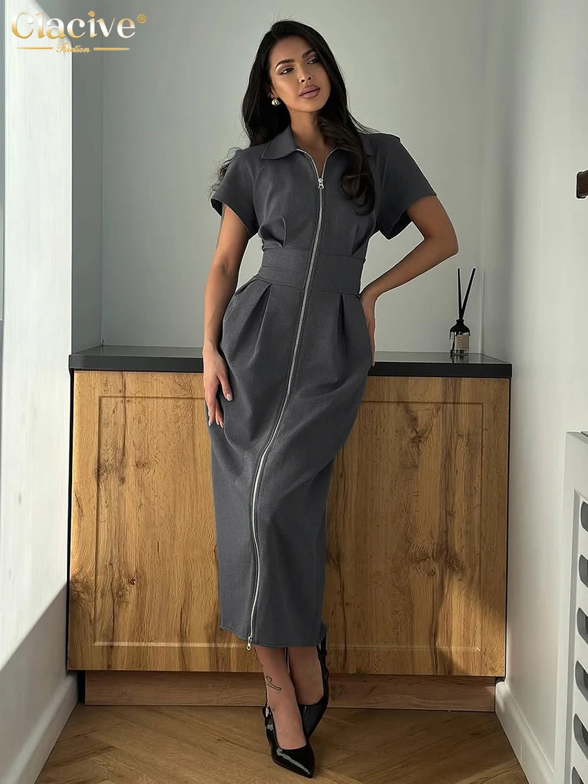 Clacive Summer Slim Gray Women Dress 2025 Fashion Lapel Short Sleeve Midi Dresses Elegant Classic High Waist Zipper Female Dress
Clacive Summer Slim Gray Women Dress 2025 Fashion Lapel Short Sleeve Midi Dresses Elegant Classic High Waist Zipper Female Dress
