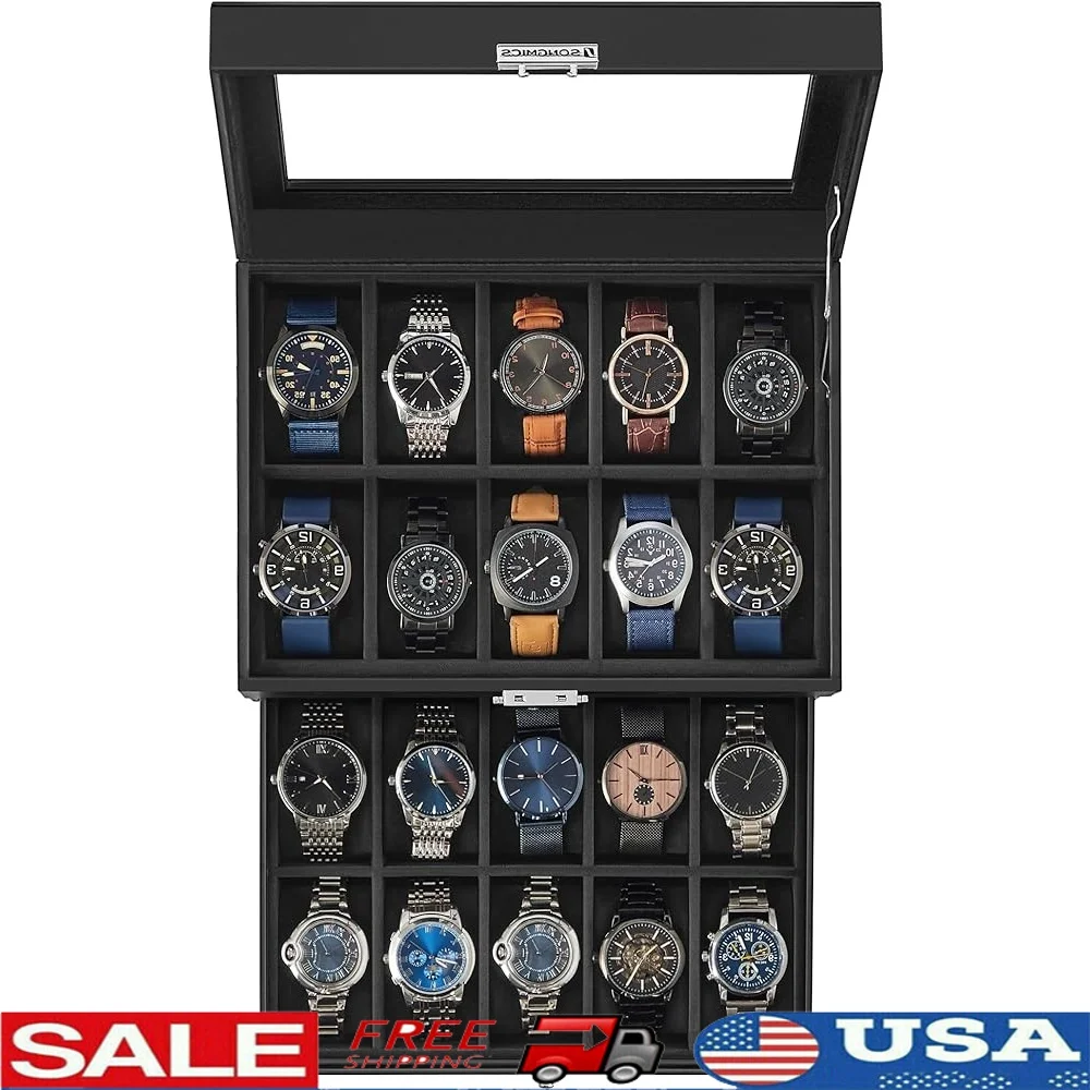 20-Slot Lockable Watch Display Box with Glass Lid 2 Layers Jewelry Organizer Durable Synthetic Leather Stylish Storage Case
20-Slot Lockable Watch Display Box with Glass Lid 2 Layers Jewelry Organizer Durable Synthetic Leather Stylish Storage Case