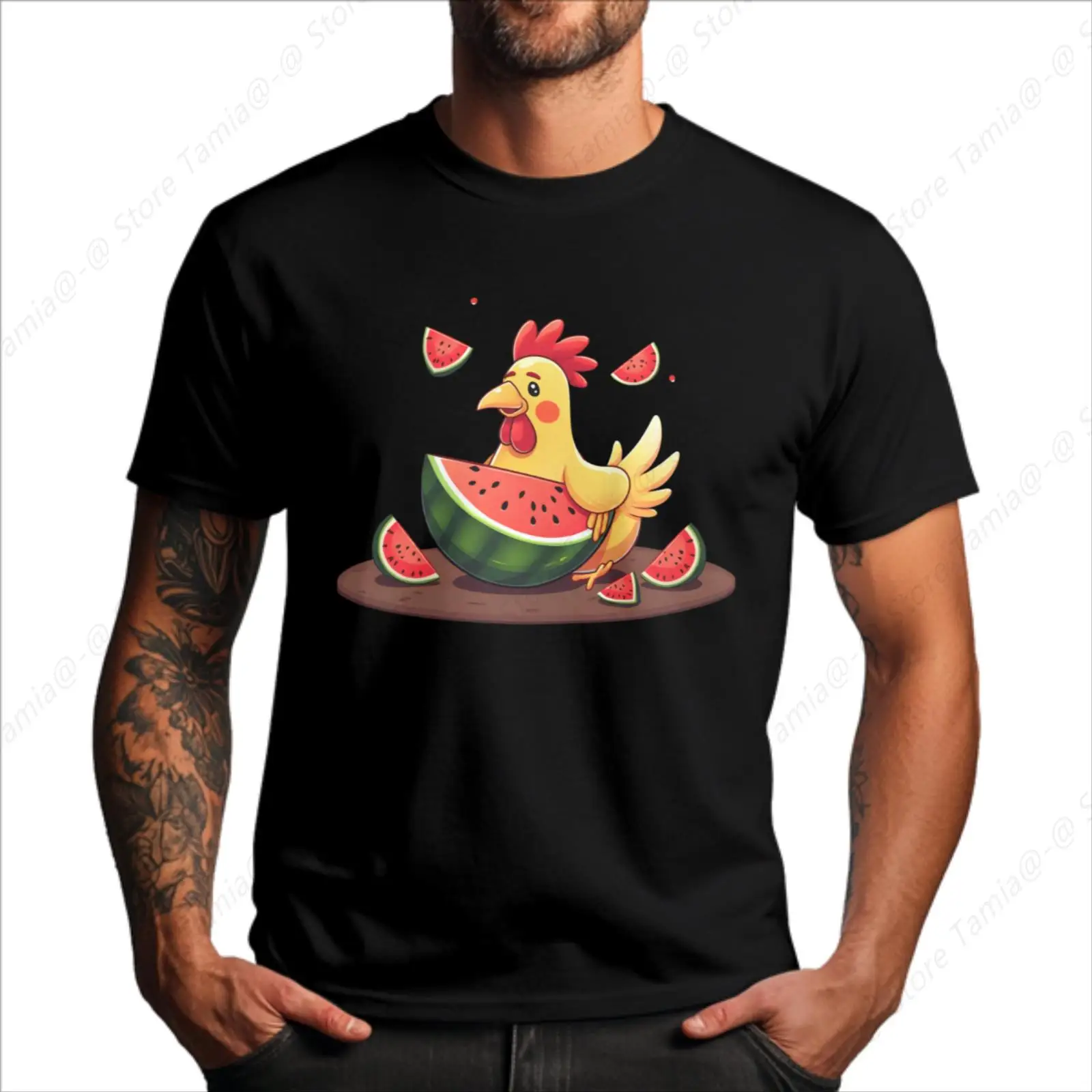 Cartoon Chicken With Watermelon Print Men'S Round Sleeve T Shirt With Chest Heat Transfer Printing Comfortable Fabric
Cartoon Chicken With Watermelon Print Men'S Round Sleeve T Shirt With Chest Heat Transfer Printing Comfortable Fabric