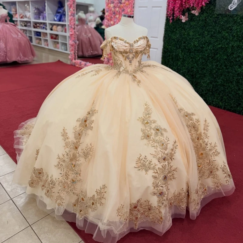 Champagne Shiny Ball Gown Quinceanera Dresses Applique Flower Beading Crystal Tull Corset Off The Shoulder Sweet 16 Dress vestid
Champagne Shiny Ball Gown Quinceanera Dresses Applique Flower Beading Crystal Tull Corset Off The Shoulder Sweet 16 Dress vestid