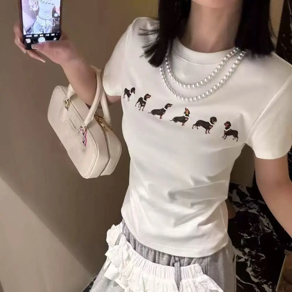 Korean Style Cartoon Dog Short Sleeve T-shirt Dachshund Chic Y2K Crop Top Sweet Slim Fit Tees Shirts Women Streetwear
Korean Style Cartoon Dog Short Sleeve T-shirt Dachshund Chic Y2K Crop Top Sweet Slim Fit Tees Shirts Women Streetwear