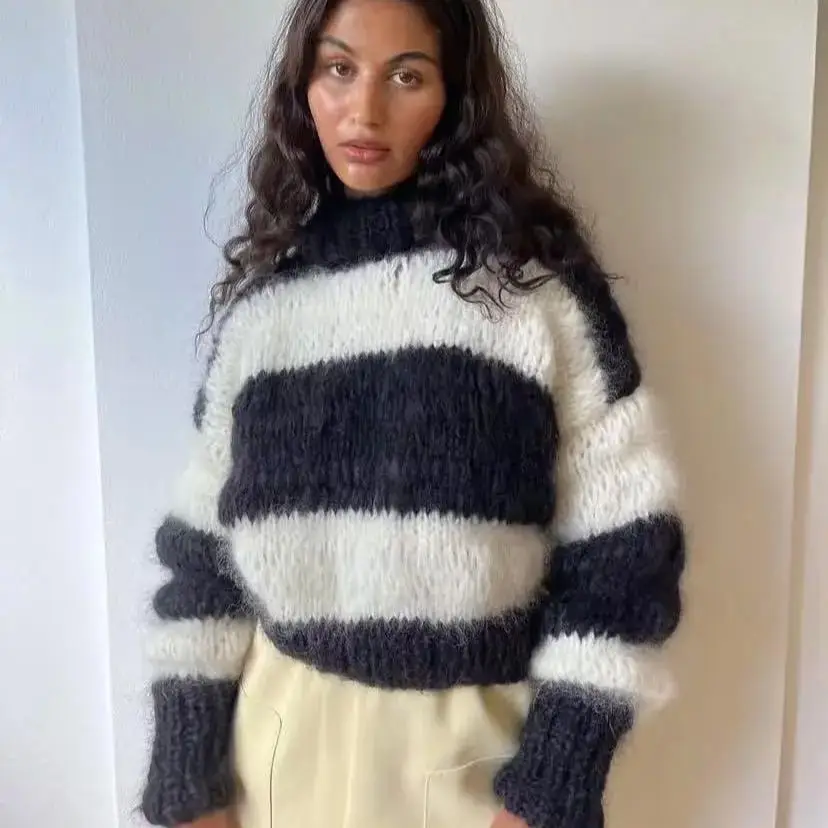 Bubble sleeve striped pullover sweater hand woven loose lazy comfortable mohair wool sweater for women in spring autumn styles
Bubble sleeve striped pullover sweater hand woven loose lazy comfortable mohair wool sweater for women in spring autumn styles