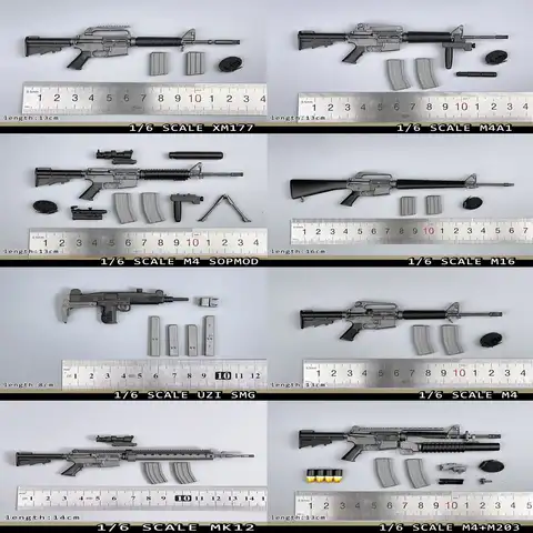 1/6 Soldier M4 M4A1 M4 SOPMOD M4+M203 XM177 M16 MK12 UZI SMG Plastics Model Toy Fit 12'' Action Figures In Stock