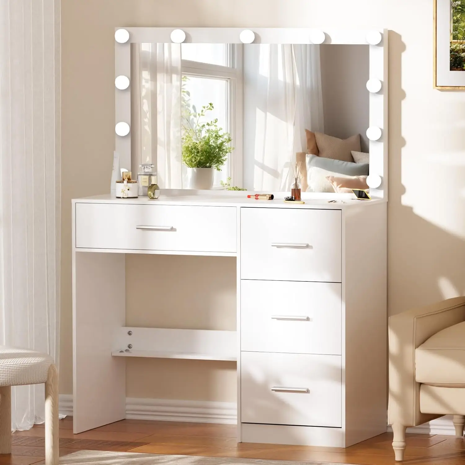 Makeup Vanity Desk with Mirror and 10 Lights, Makeup Table with 4 Drawers and Large Makeup Mirror, 3 Color Modes and Adjustable
Makeup Vanity Desk with Mirror and 10 Lights, Makeup Table with 4 Drawers and Large Makeup Mirror, 3 Color Modes and Adjustable