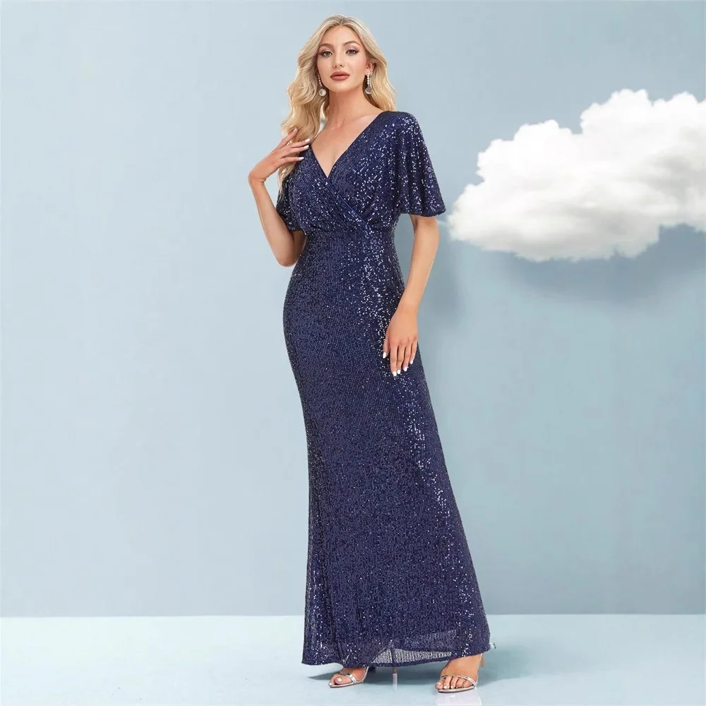 Women's Elegant Formal Dress V Neck Flutter Sleeve Sequin Wrap Waist Mermaid Floor Length Prom Gown
Women's Elegant Formal Dress V Neck Flutter Sleeve Sequin Wrap Waist Mermaid Floor Length Prom Gown