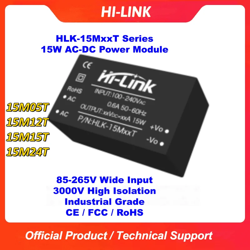 10pcs HLK-15MxxT 15W Ultra-Small AC-DC Power Module 15M05T 15M12T 15M15T 15M24T Low No-Load Loss 3000V Isolated Wide Input
10pcs HLK-15MxxT 15W Ultra-Small AC-DC Power Module 15M05T 15M12T 15M15T 15M24T Low No-Load Loss 3000V Isolated Wide Input