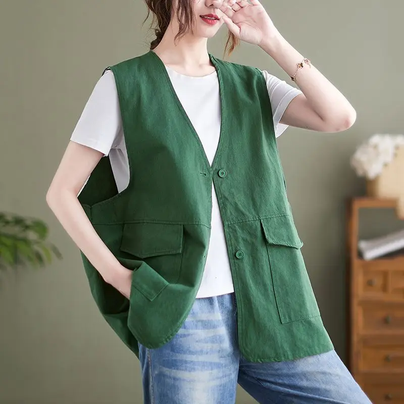 Loose Women's Cotton Vest 2025 Spring Summer plus Size Slimming V-Ne Svel Outerwear Faionable Versatile Button Detail
Loose Women's Cotton Vest 2025 Spring Summer plus Size Slimming V-Ne Svel Outerwear Faionable Versatile Button Detail
