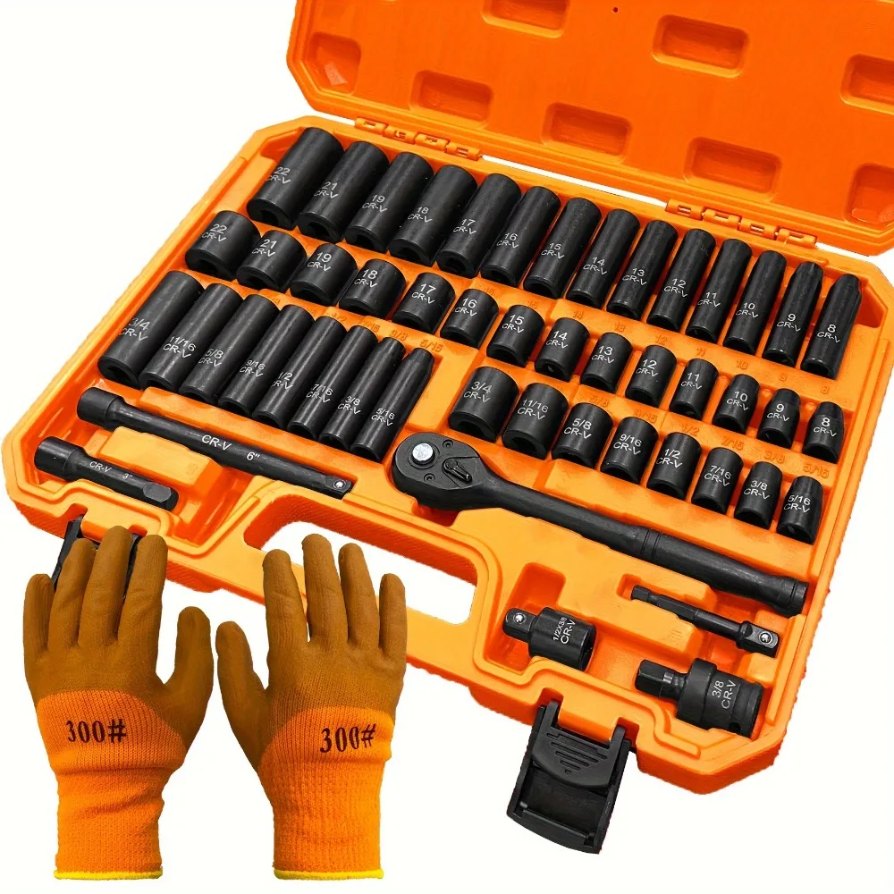 50pcs Impact Socket Set 3/8" Drive, SAE (5/16" To 3/4") & Metric (8 To 22mm) Sizes, 6-Point Design
50pcs Impact Socket Set 3/8" Drive, SAE (5/16" To 3/4") & Metric (8 To 22mm) Sizes, 6-Point Design