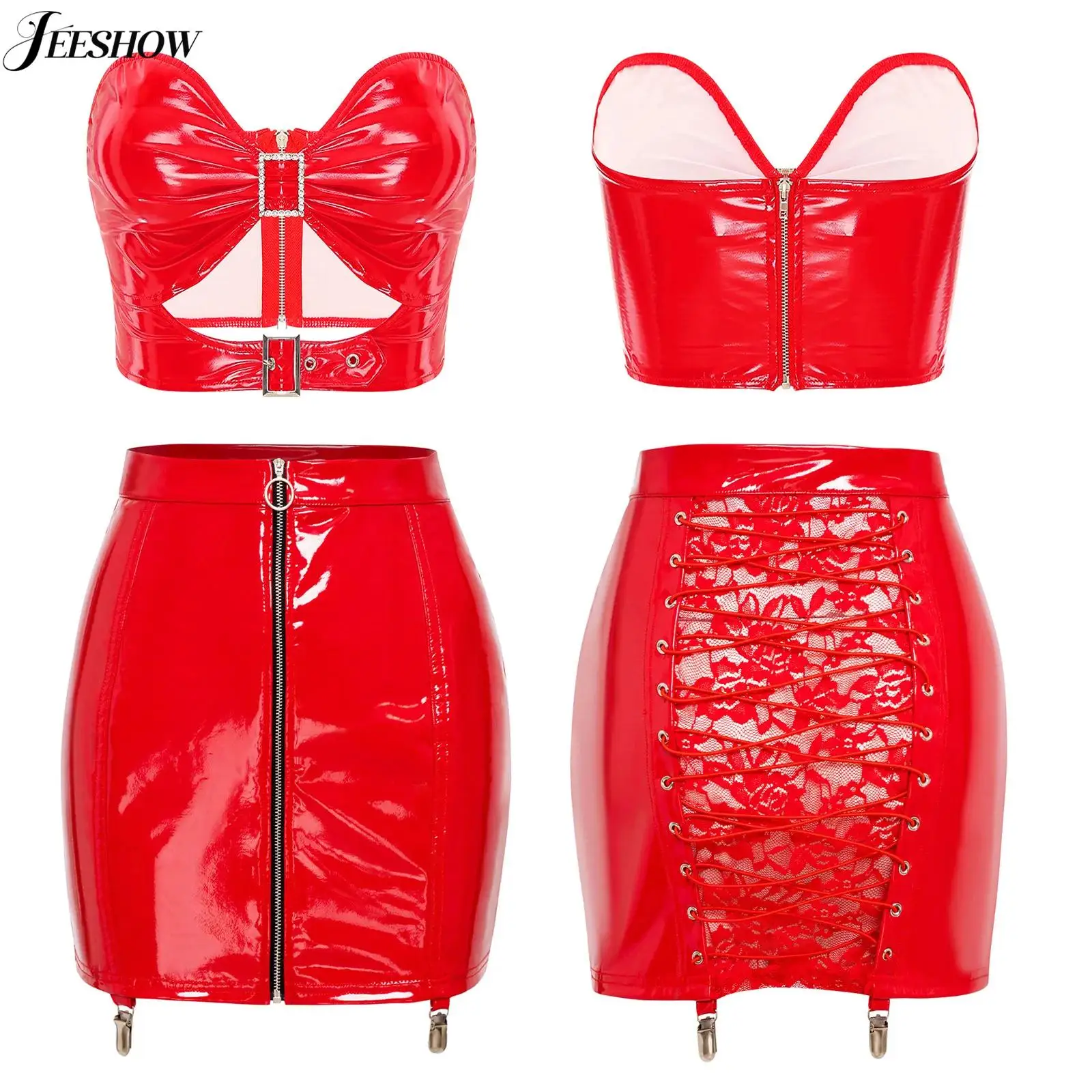 Womens Sexy PU Leather Lingerie Outfits Strapless Bra Crop Top with Floral Lace Patchwork Miniskrit Night Club Wear Rave Outfits
Womens Sexy PU Leather Lingerie Outfits Strapless Bra Crop Top with Floral Lace Patchwork Miniskrit Night Club Wear Rave Outfits