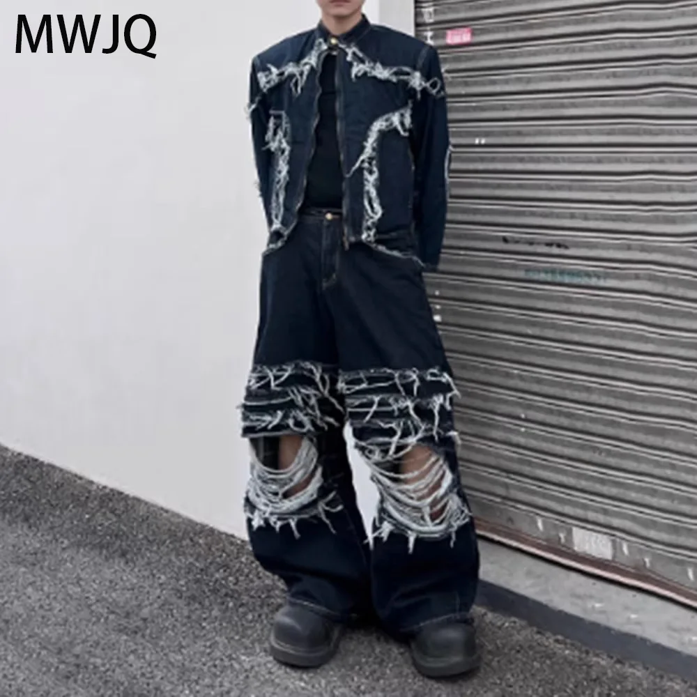MWJQ Rough Edge Design Distress Hole Destroy Джинсовые комплекты Мужская уличная стираная куртка с воротником-стойкой Широкие брюки Tide 010296
MWJQ Rough Edge Design Distress Hole Destroy Джинсовые комплекты Мужская уличная стираная куртка с воротником-стойкой Широкие брюки Tide 010296