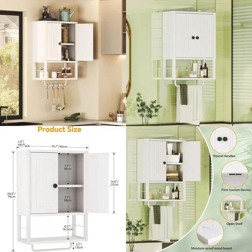 White Wooden Wall-Mounted Medicine Cabinet with Two Doors, Shelf, and Towel Bar for Bathroom, Living Room, or Kitchen
White Wooden Wall-Mounted Medicine Cabinet with Two Doors, Shelf, and Towel Bar for Bathroom, Living Room, or Kitchen