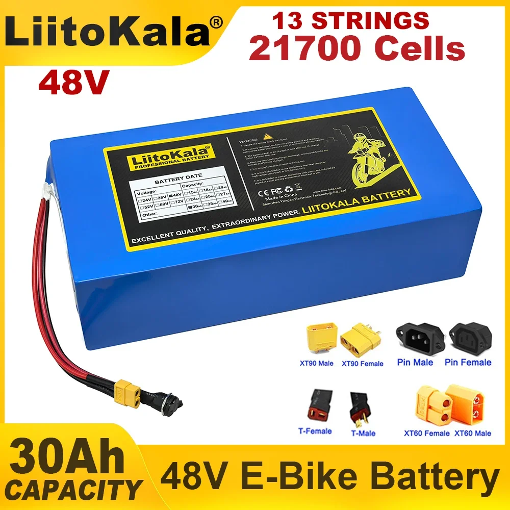 LiitoKala 48V 30Ah 13s6p 21700 리튬 배터리 팩 전자 자전거 54.6v 1200w 1440w 전기 자전거 전자 스쿠터용 BMS 30A 내장