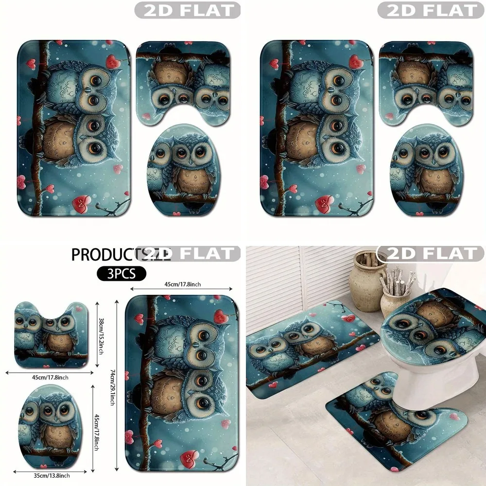 2D Flat 3pcs Owl Couple Bathroom Rug Set Non-Slip Washable Mats, Cute Branch with Hearts Design, Includes Contour Mat & Toilet
2D Flat 3pcs Owl Couple Bathroom Rug Set Non-Slip Washable Mats, Cute Branch with Hearts Design, Includes Contour Mat & Toilet