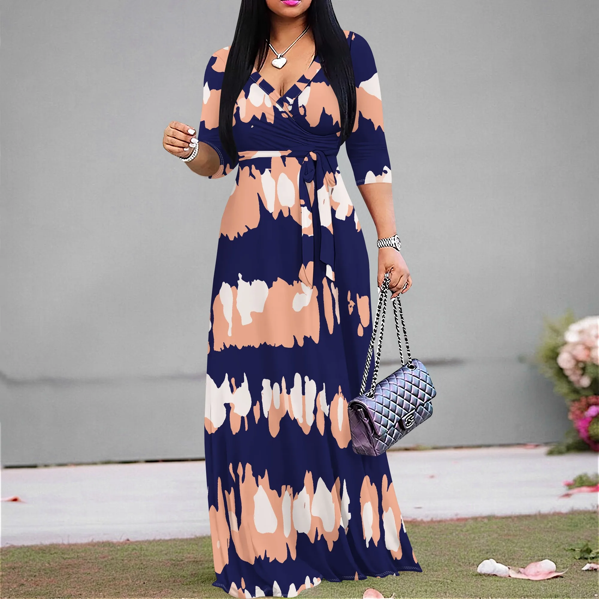 Abstract Geometric V-Neck 3/4 Sleeve Wrap Maxi Dress with Belt - Women's Modern Artistic Party Evening Resortwear
Abstract Geometric V-Neck 3/4 Sleeve Wrap Maxi Dress with Belt - Women's Modern Artistic Party Evening Resortwear