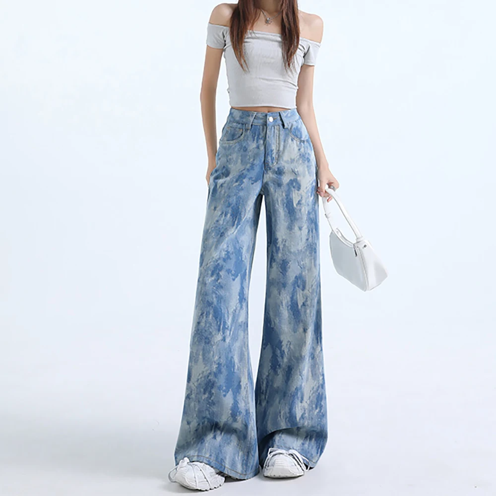 Fashion Light Blue Tie-Dye Print Jeans for Women Printed Glitter Wide Leg Flared Denim Pants High Waist Straight Loose Jeans
Fashion Light Blue Tie-Dye Print Jeans for Women Printed Glitter Wide Leg Flared Denim Pants High Waist Straight Loose Jeans