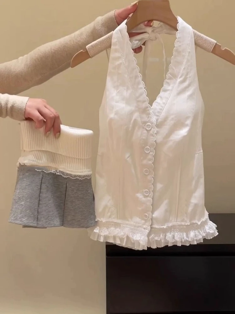 Korean Sweet Fashion Y2k Slim Women Outfits White Lace Hang Neck Vest + Fit Chic Skirt New Harajuku Pure Design 2 Piece Set 2025
Korean Sweet Fashion Y2k Slim Women Outfits White Lace Hang Neck Vest + Fit Chic Skirt New Harajuku Pure Design 2 Piece Set 2025