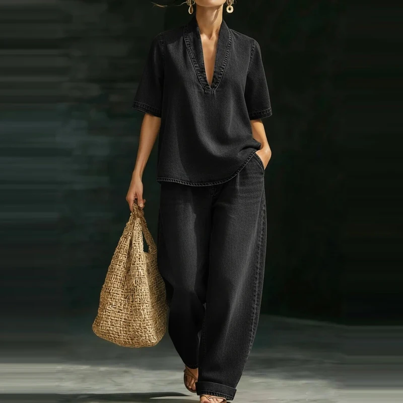 Sexy Women's V-neck Short Sleeved Top and Pants Office 2pc Set Casual Loose Holiday Outfit Summer Simple Solid Color Cowboy Suit
Sexy Women's V-neck Short Sleeved Top and Pants Office 2pc Set Casual Loose Holiday Outfit Summer Simple Solid Color Cowboy Suit