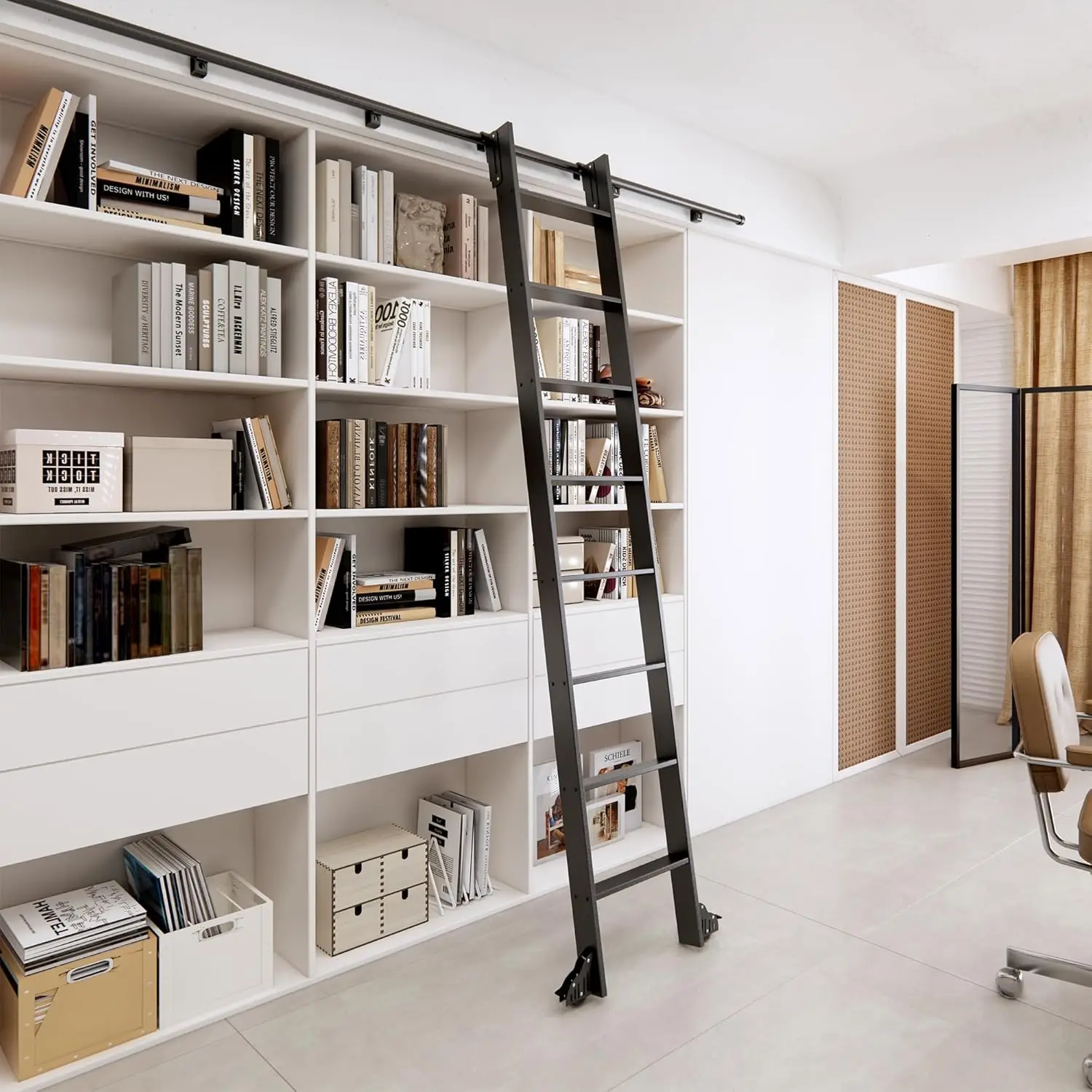 96" Black Sliding Library Ladder with 4FT Hook Track – Lightweight Aluminum Rolling Ladder with Braking Wheels, Space-Saving Rai
96" Black Sliding Library Ladder with 4FT Hook Track – Lightweight Aluminum Rolling Ladder with Braking Wheels, Space-Saving Rai