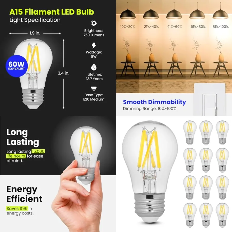 A15 LED Light Filament Bulb, 60W Equivalent, Dimmable, E26 Base,,Clear Glass Vintage Edison Light Bulb for Home, Office, 13-Yea
A15 LED Light Filament Bulb, 60W Equivalent, Dimmable, E26 Base,,Clear Glass Vintage Edison Light Bulb for Home, Office, 13-Yea