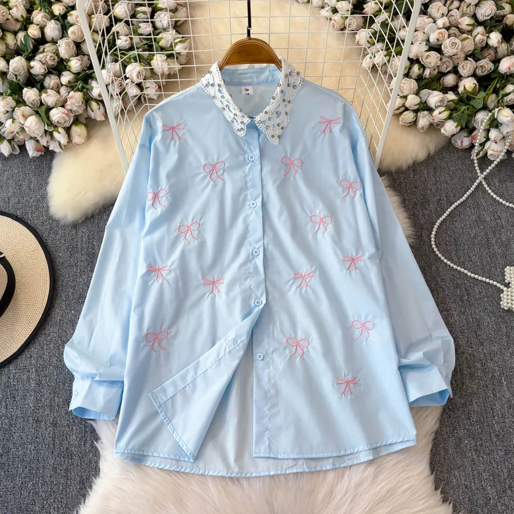 Базовый свободный однобортный топ с длинными рукавами и воротником-поло, винтажные уличные осенние рубашки со стразами и бабочкой в Корейском стиле 
Базовый свободный однобортный топ с длинными рукавами и воротником-поло, винтажные уличные осенние рубашки со стразами и бабочкой в Корейском стиле