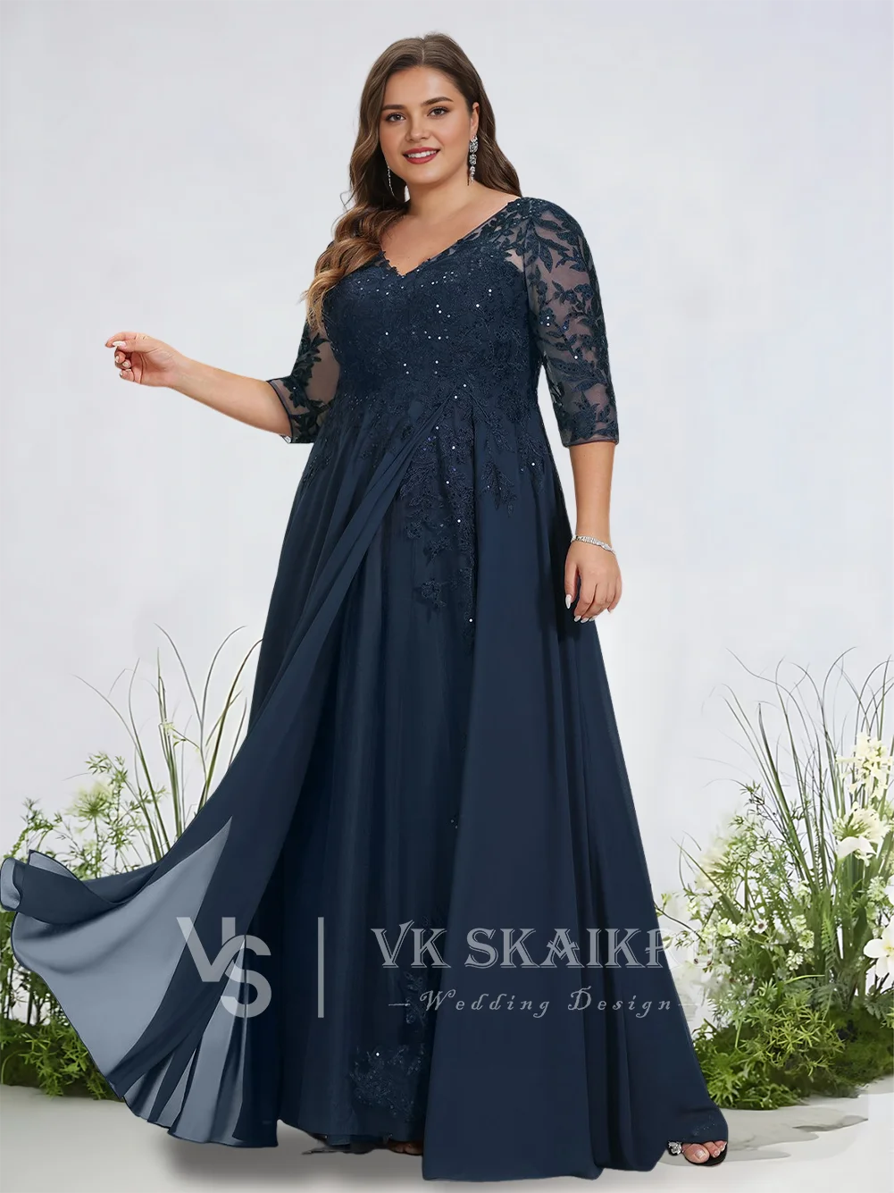 A Dark Navy Elegant A-Line V-Neck Floor-Length Lace Chiffon Evening Dress With Sequins Sheer Sleeves Prom Dresses Wedding Party
A Dark Navy Elegant A-Line V-Neck Floor-Length Lace Chiffon Evening Dress With Sequins Sheer Sleeves Prom Dresses Wedding Party