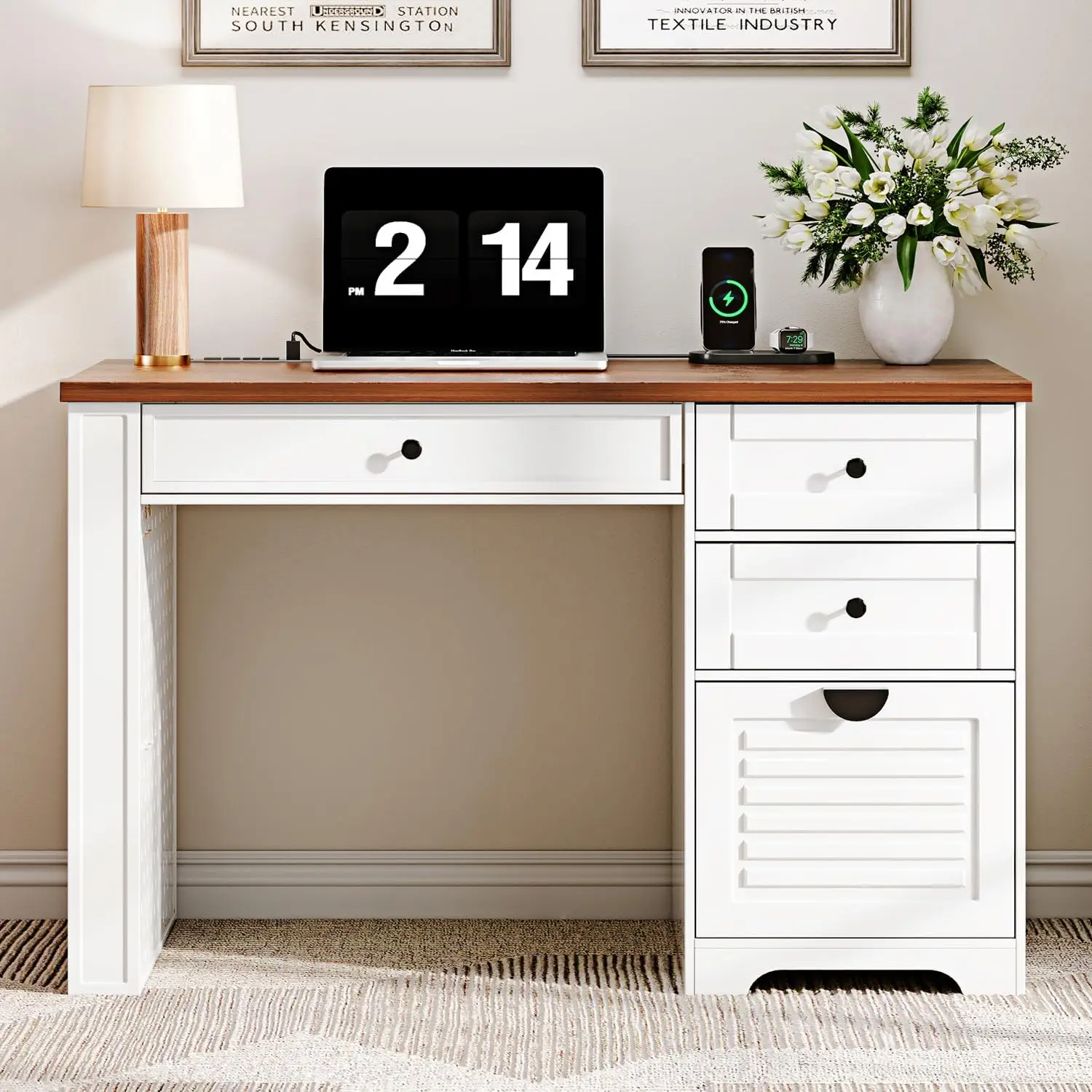 47" Home Office Desk with Drawers and Charging Station, Farmhouse Executive Computer Desk, Rustic Writing Desk, Antique White
47" Home Office Desk with Drawers and Charging Station, Farmhouse Executive Computer Desk, Rustic Writing Desk, Antique White