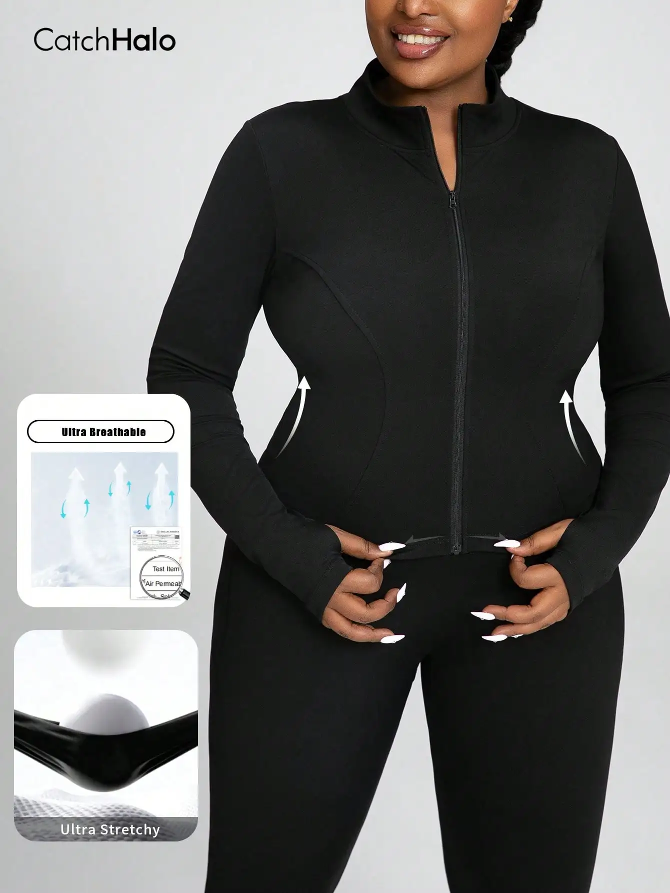 Plus Size Full Zip Stand Collar Sports Jacket, Ultra Breathable & Stretchy, Black, Thumb Hole, for Fitness Running Casual Wear
Plus Size Full Zip Stand Collar Sports Jacket, Ultra Breathable & Stretchy, Black, Thumb Hole, for Fitness Running Casual Wear