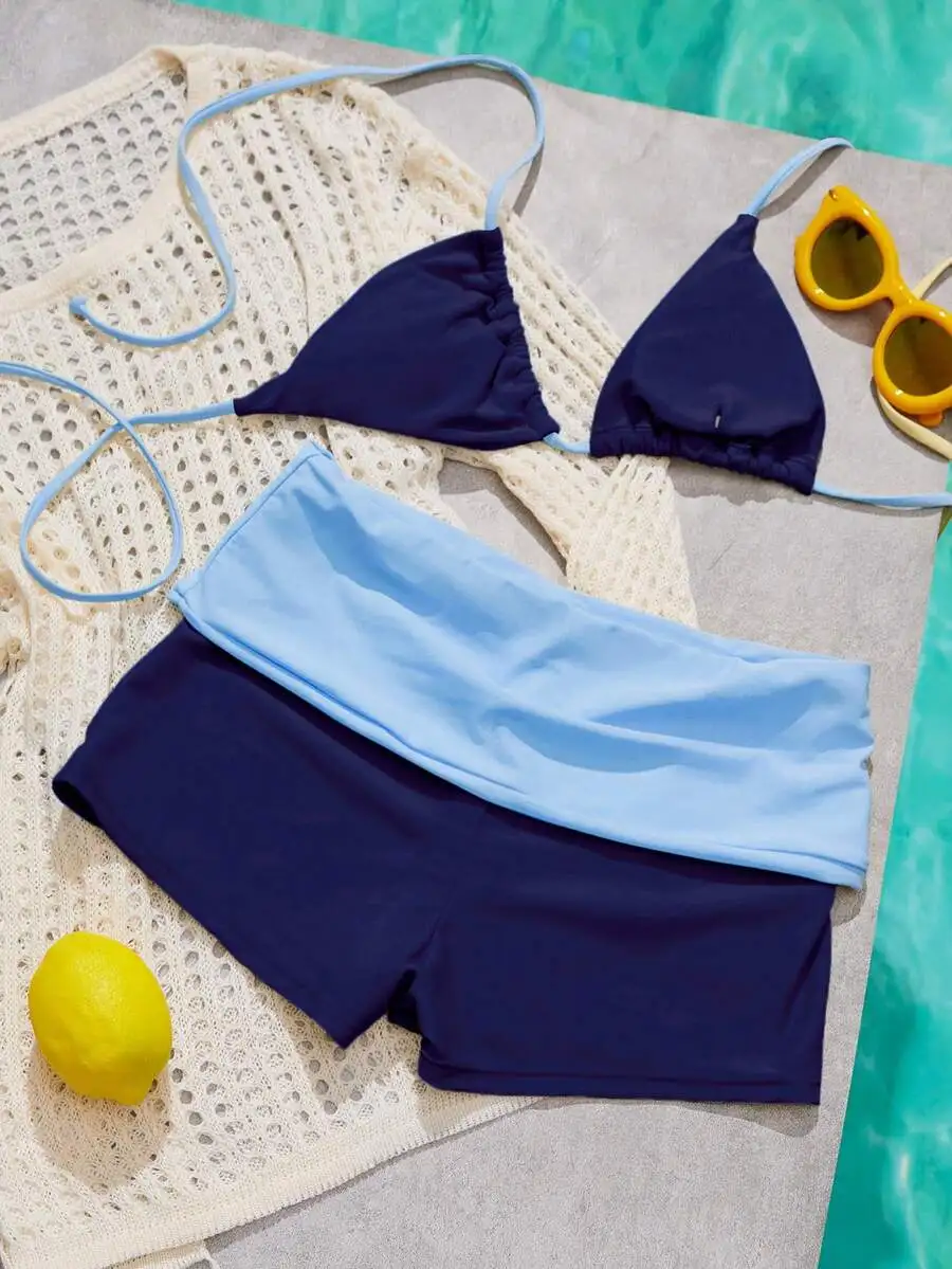Triangle Bikini Top With Sky Blue Adjustable Straps And High-Waist Layered Shorts For Beach, Pool, Gym Or Y2K Summer Style
Triangle Bikini Top With Sky Blue Adjustable Straps And High-Waist Layered Shorts For Beach, Pool, Gym Or Y2K Summer Style