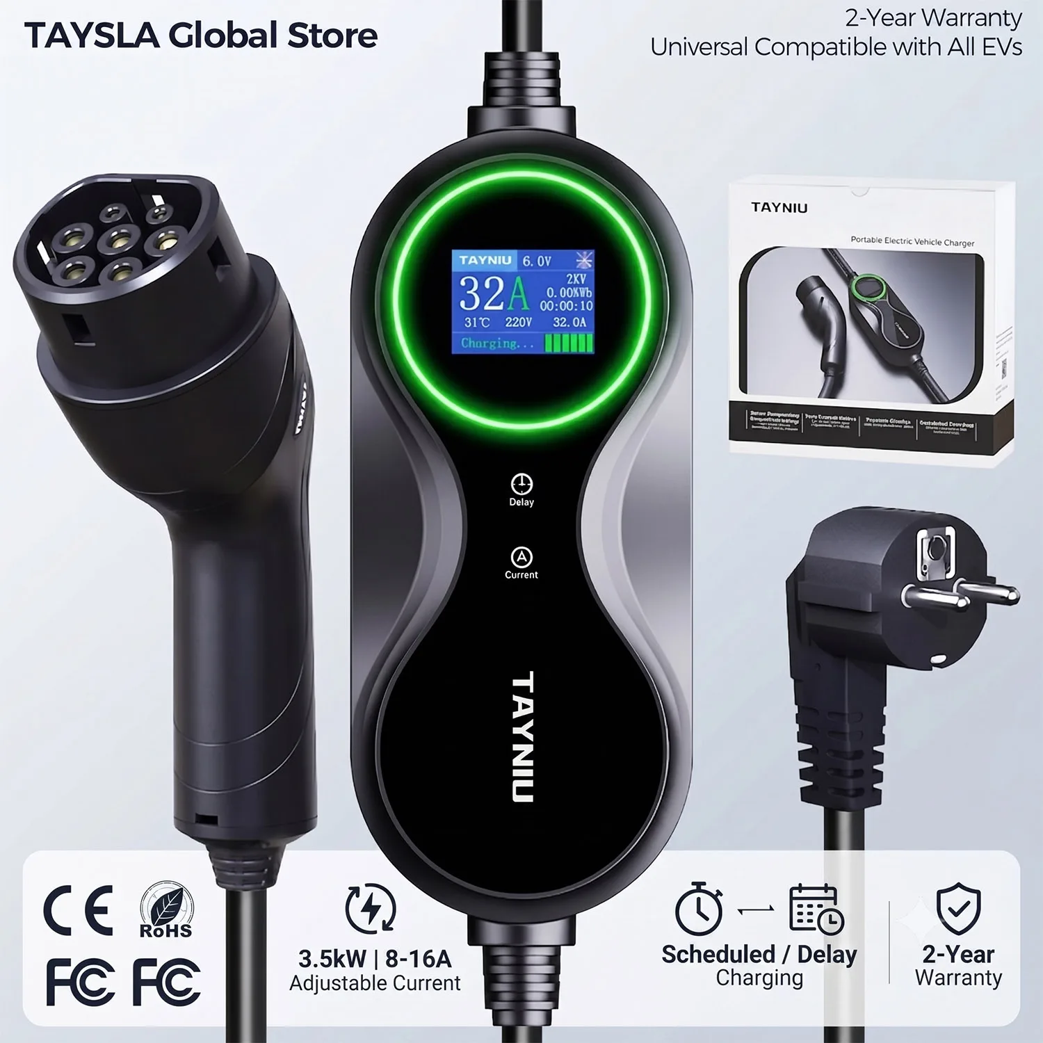 Portable Type 2 EV Charger TAYNIU Infinity 3.5kW 16A / 7kW 32A Adjustable Current, IP66 Waterproof, for All Euro Electric Cars
Portable Type 2 EV Charger TAYNIU Infinity 3.5kW 16A / 7kW 32A Adjustable Current, IP66 Waterproof, for All Euro Electric Cars