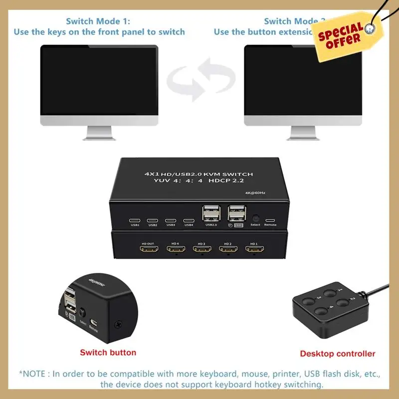 4K 60Hz -Compatible USB KVM Switcher Selector 4 In 1 Out For 4 PC Share Monitor Mouse Keyboard 4-Port USB HDCP2.2-WMAN
4K 60Hz -Compatible USB KVM Switcher Selector 4 In 1 Out For 4 PC Share Monitor Mouse Keyboard 4-Port USB HDCP2.2-WMAN