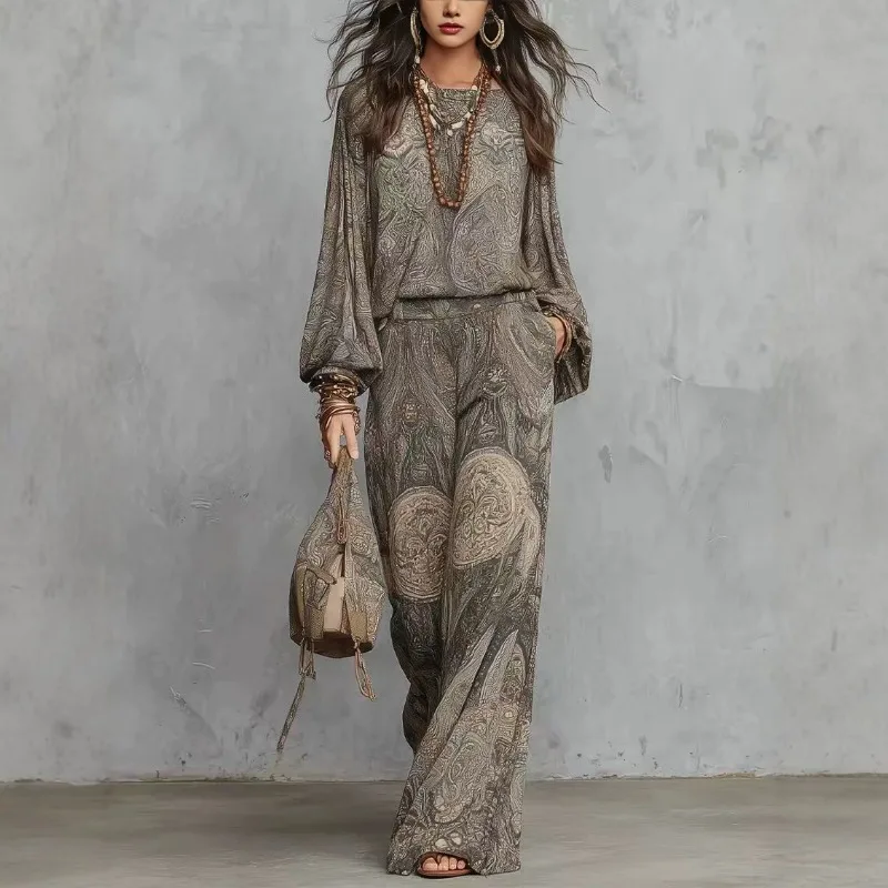 Boho Women 2‑Piece Outfit Vintage Paisley Print Long‑Sleeve Blouse High Waist Wide‑Leg Pants Casual Vacation Matching Set
Boho Women 2‑Piece Outfit Vintage Paisley Print Long‑Sleeve Blouse High Waist Wide‑Leg Pants Casual Vacation Matching Set