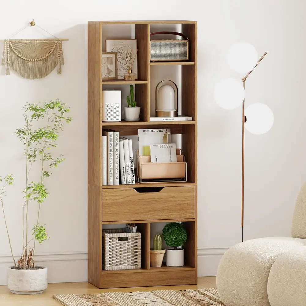 6Tier Bookcase with Drawer, 51 Tall Bookshelf with 7 Open Cubes, Wooden, Modern, Freestanding Storage Organizer Display Book Sh
6Tier Bookcase with Drawer, 51 Tall Bookshelf with 7 Open Cubes, Wooden, Modern, Freestanding Storage Organizer Display Book Sh