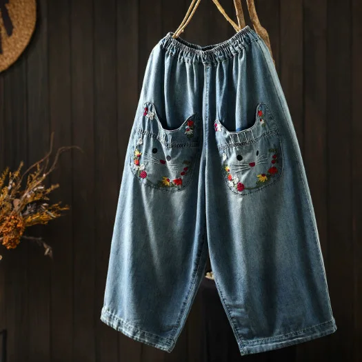 Women Summer Vintage Mori Girl Cartoon Cat Floral Embroidery Denim Wide Leg Pants Elastic Waist Casual Loose Straight Jeans
Women Summer Vintage Mori Girl Cartoon Cat Floral Embroidery Denim Wide Leg Pants Elastic Waist Casual Loose Straight Jeans