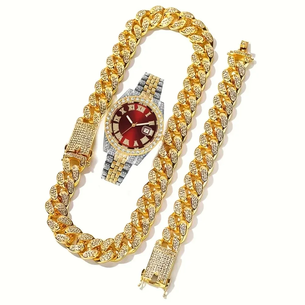 Fashion Rhinestone Men's Iced Out Watch Cuban Chain Necklace Bracelet Set, Hip Pop Watch Set
Fashion Rhinestone Men's Iced Out Watch Cuban Chain Necklace Bracelet Set, Hip Pop Watch Set