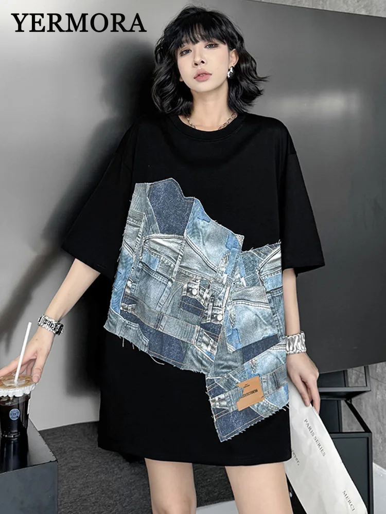 YERMORA Women Black Irregular Spliced Denim Big Size T-shirt Round Collar Short Sleeve Fashion Spring Summer 2025 New A860
YERMORA Women Black Irregular Spliced Denim Big Size T-shirt Round Collar Short Sleeve Fashion Spring Summer 2025 New A860