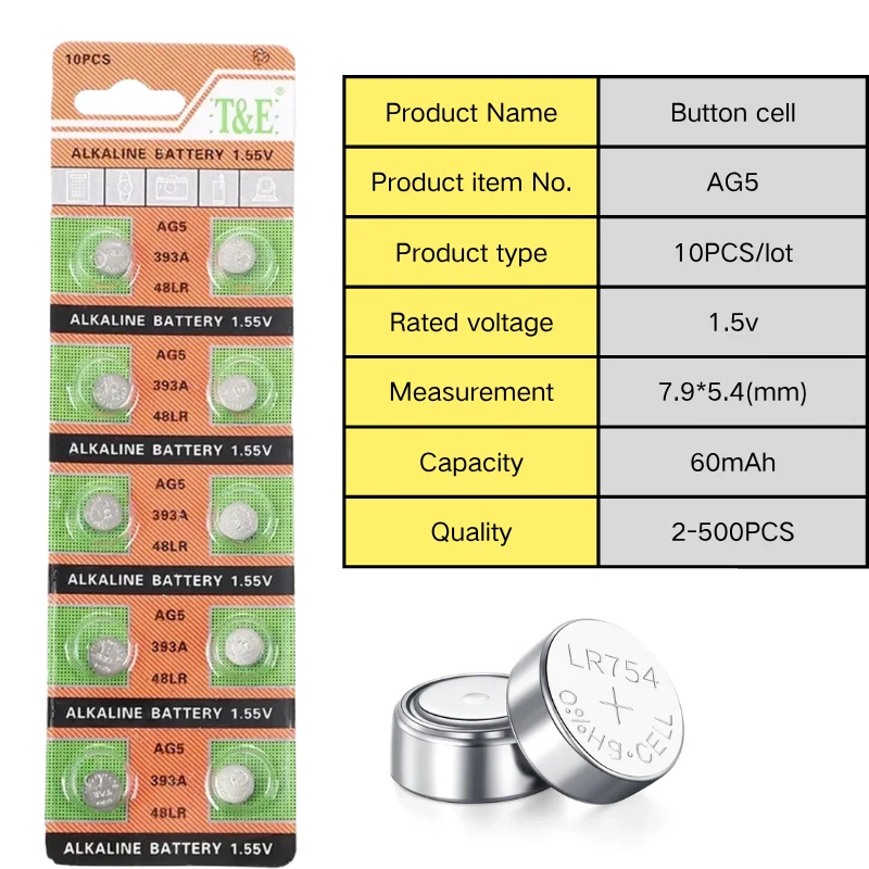 AG5 Watch LR48 Electronic Device Dedicated 393A 1.55V Universal Button Battery LR754 LR750 193 L754 LED Light Batteries for Toy
AG5 Watch LR48 Electronic Device Dedicated 393A 1.55V Universal Button Battery LR754 LR750 193 L754 LED Light Batteries for Toy