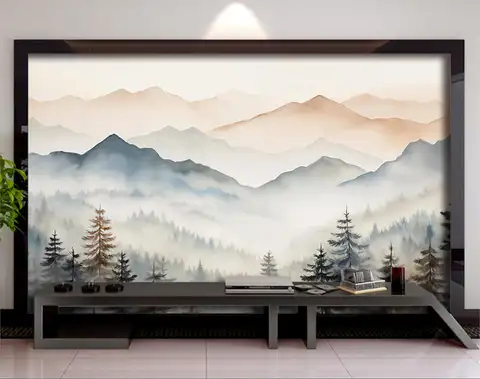 Customized Size Mural Mist Forest Mountain Wallpaper Home Decoration Ink landscape and Watercolor Forest Tapestry 3D Wallpaper