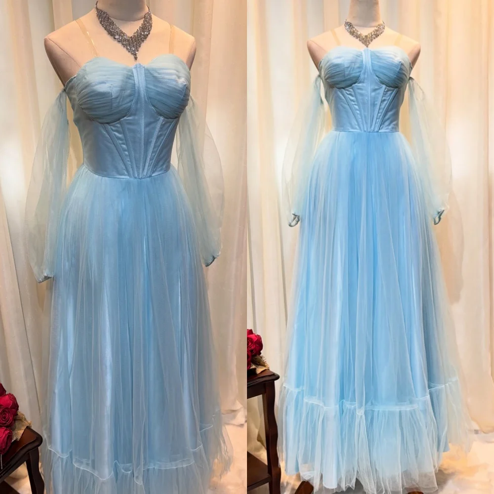 Customized Modern Blue Tulle Evening Dress Fashion Strapless Dresses 2025 Woman Graceful Sweep Train Bespoke Occasion Gowns
Customized Modern Blue Tulle Evening Dress Fashion Strapless Dresses 2025 Woman Graceful Sweep Train Bespoke Occasion Gowns
