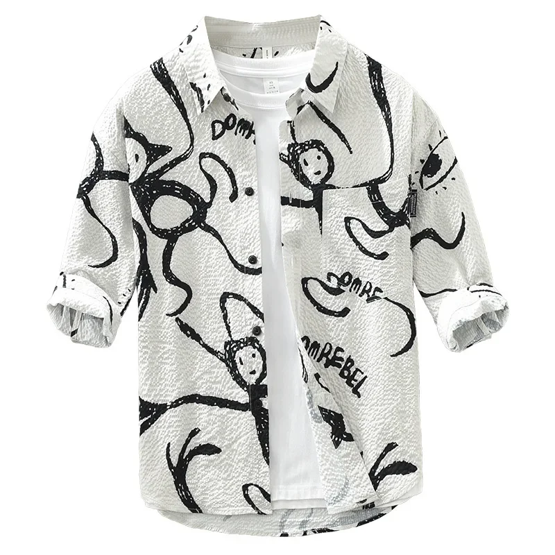 Japanese trendy black and white printed 3/4 sleeve shirt with artistic versatility, thin breathable casual men's shirt
Japanese trendy black and white printed 3/4 sleeve shirt with artistic versatility, thin breathable casual men's shirt