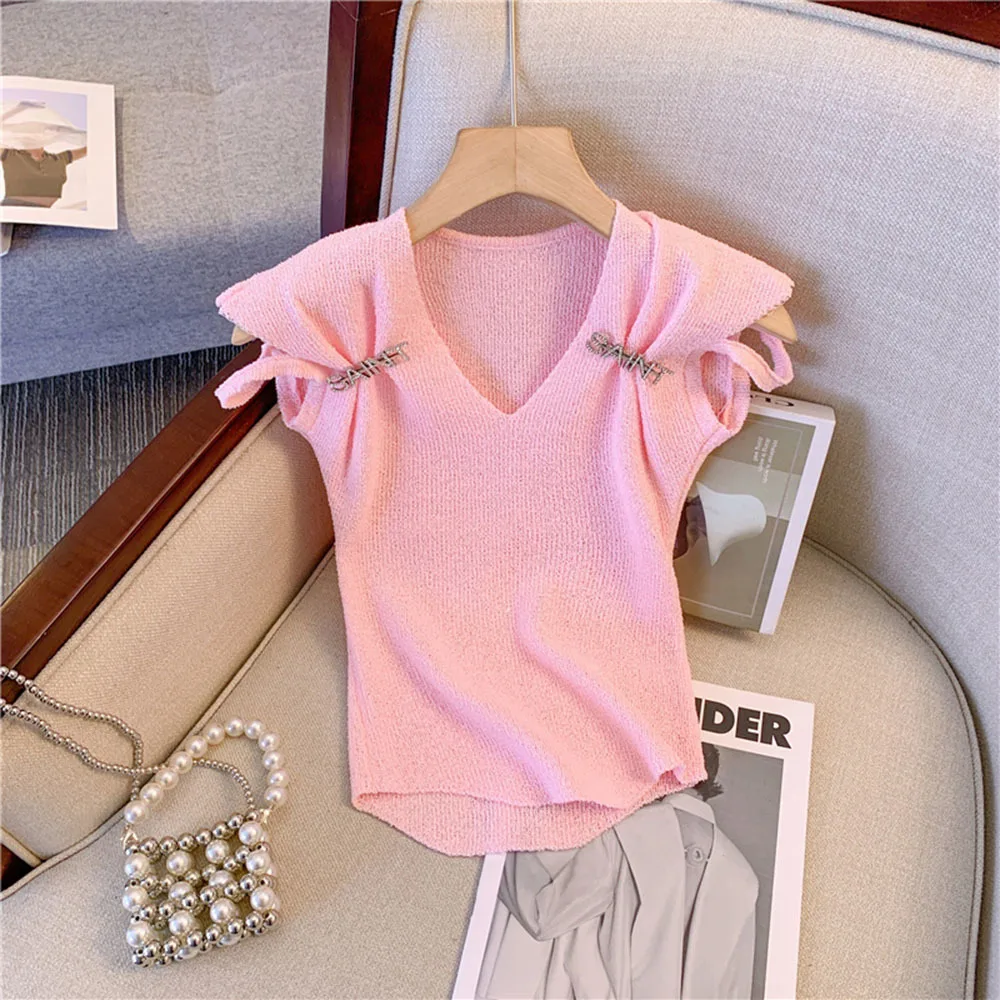 Off Shoulder Sexy Diamond Letter T-shirts Women Chic French Style Slim Knit Tees Vest Summer Elegant Ladies Fashion Casual Tops
Off Shoulder Sexy Diamond Letter T-shirts Women Chic French Style Slim Knit Tees Vest Summer Elegant Ladies Fashion Casual Tops