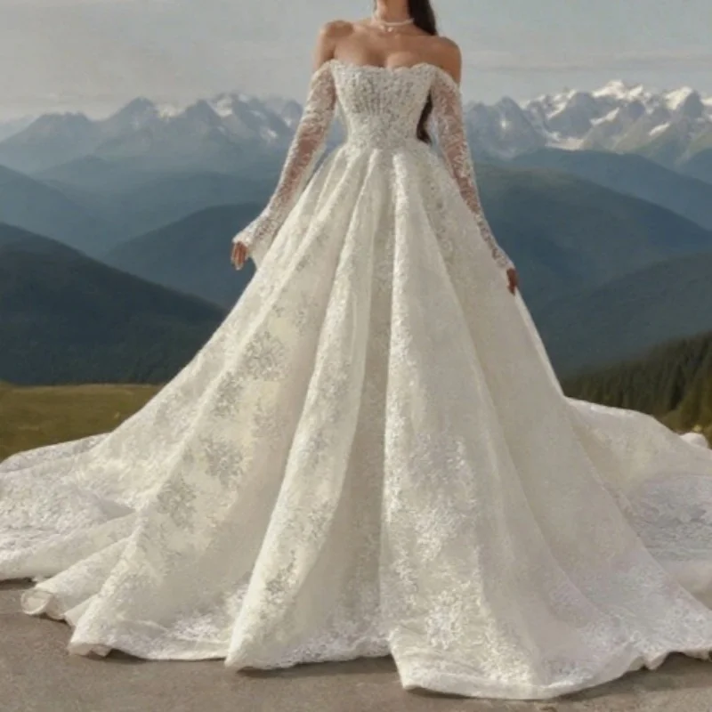 Women A Line Off the Shoulder Bridal Gown Long Sleeves Formal Evening Dress Luxury Lace Wedding Dresses Customized
Women A Line Off the Shoulder Bridal Gown Long Sleeves Formal Evening Dress Luxury Lace Wedding Dresses Customized 