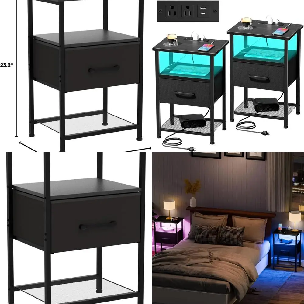 Пара черных тумбочек с зарядной док-станцией, светодиодной подсветкой и двухуровневыми полками для спальни или гостиной.
Пара черных тумбочек с зарядной док-станцией, светодиодной подсветкой и двухуровневыми полками для спальни или гостиной.