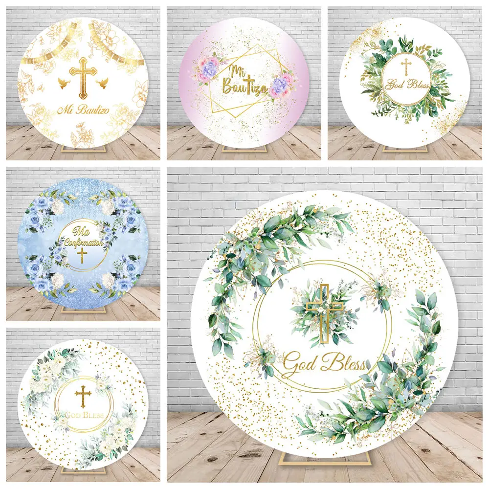 First Holy Communion Floral Green Leaves Round Backdrop Golden Cross Baptism Party God Bless Photography Background Custom
First Holy Communion Floral Green Leaves Round Backdrop Golden Cross Baptism Party God Bless Photography Background Custom